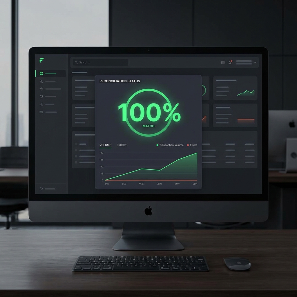 Payment Reconciliation Dashboard showing 100% match rate
